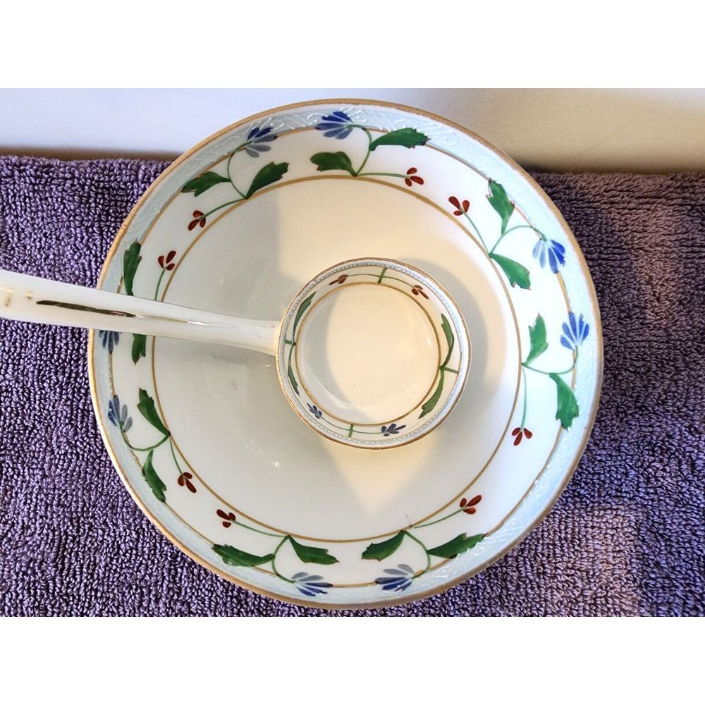 Antique NIPPON Hand Painted Mayonnaise Porcelain Condiment Bowl & Ladle Moriage